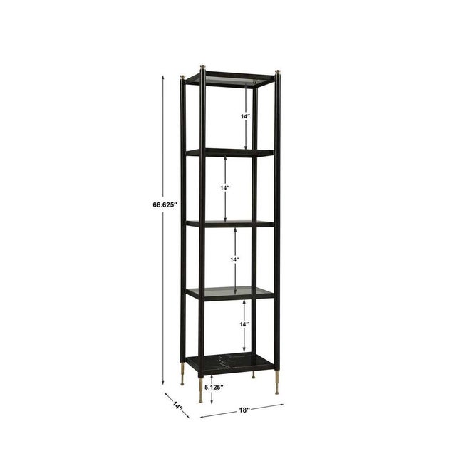 Made of steel with a dark bronze finish, solid brass feet and finials, the Victory etagere has a polished black and white...
