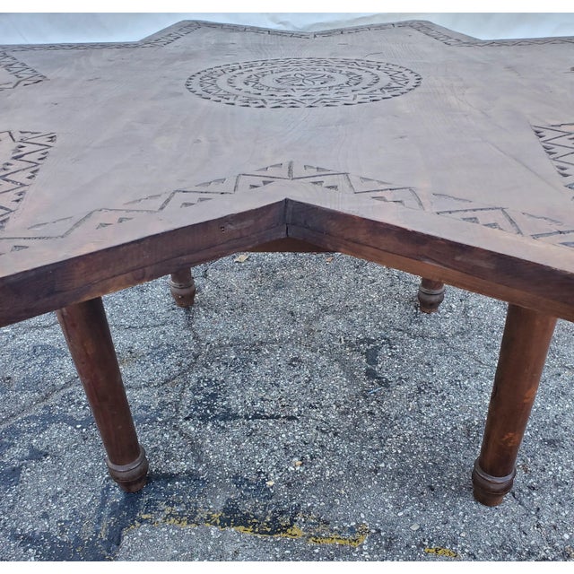 Moroccan Star Shape Hand-Carved Wooden Coffee Table For Sale In Orlando - Image 6 of 7