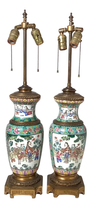 Stunning Early 19th Century Chinese Export Bronze Mounted Lamps - a Pair