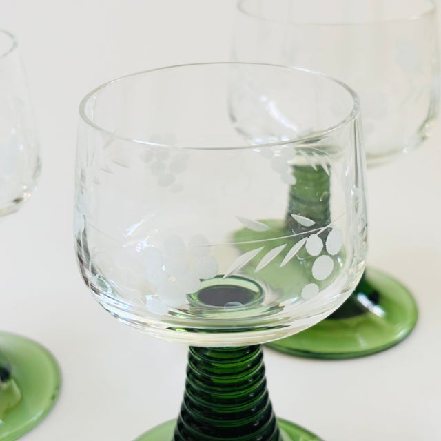 Mid 20th Century Etched German Roemer Coupe Wine Glasses With Green Stems - Set of 6 For Sale - Image 5 of 8