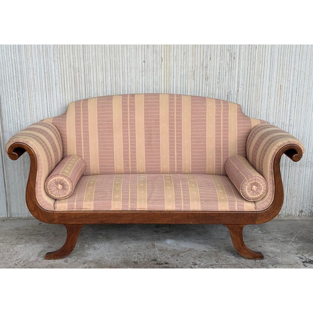 About Early 20th Regency style with fluted scrolled wood arms sofa or setee. Reupholstered. Details Dimensions Height:...