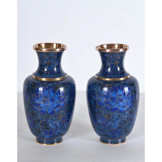 Mid-Century Modern Small Japanese Cloisonne Enamel Copper Flower Posy Vases Art Deco 1940s by Unknown for Unknown, Set of 2 For Sale - Image 3 of 14