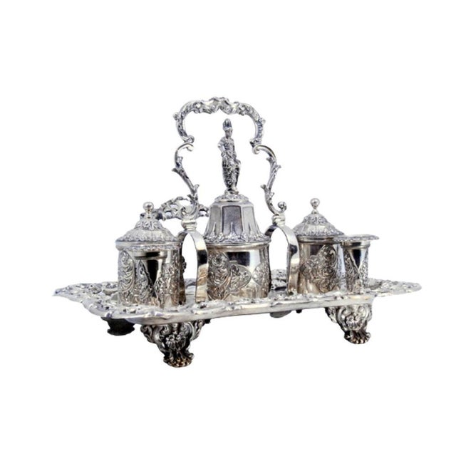 Metal Inkwell in Chiseled Silver with Pen Holders and Tanks and Bell For Sale - Image 7 of 7