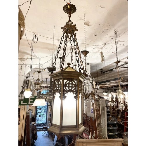 Antique Brass Neo Gothic Three Light Ceiling Pendant Light Celtic Knot Pattern For Sale - Image 4 of 12