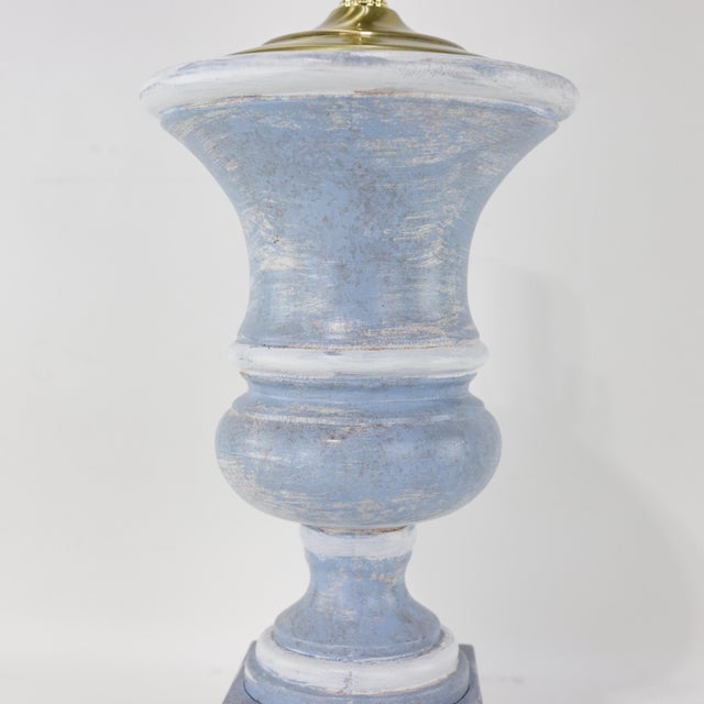 Pair of Distressed Blue & White Urn Table Lamps With Classic Silhouette For Sale - Image 11 of 12