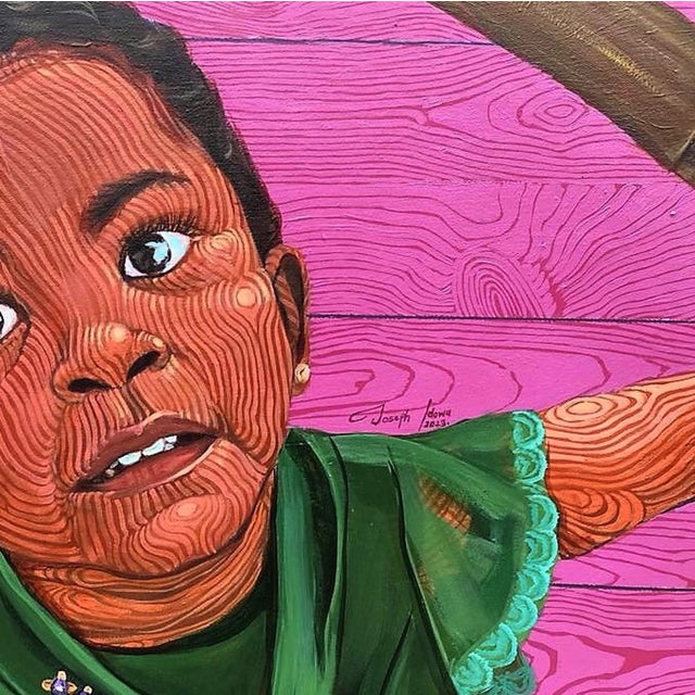 This artwork features a young girl with an expressive gaze, her features rendered in vibrant acrylics that bring out the...