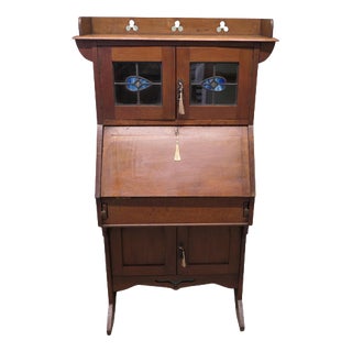 Arts & Crafts Golden Oak and Stained Glass Students Secretaire, 1880 For Sale