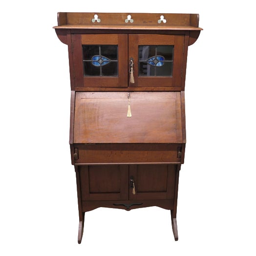 Arts & Crafts Golden Oak and Stained Glass Students Secretaire, 1880 For Sale
