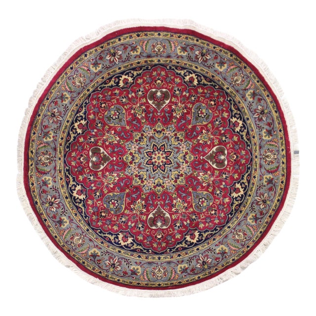 Art Nouveau 1990's Kashan Pak-Persian Pink/Gray Wool Round Rug- 6'1'' X 6'2'' For Sale