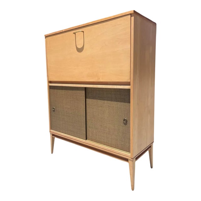 1950s Vintage Mid Century Modern Paul McCobb Planner Group Drop Front Desk Restored Brass Grass Cloth For Sale