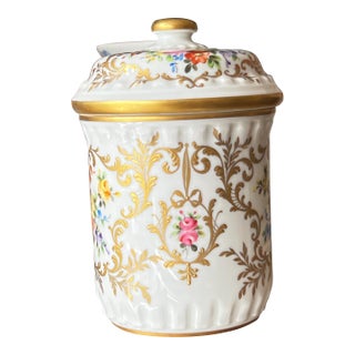 1960s Camille Le Tellac hand-painted jar with flowers and gilt accents // made in Paris // elegant French style decor // porcelain jar with lid For Sale