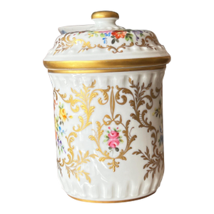 1960s Camille Le Tellac hand-painted jar with flowers and gilt accents // made in Paris // elegant French style decor // porcelain jar with lid
