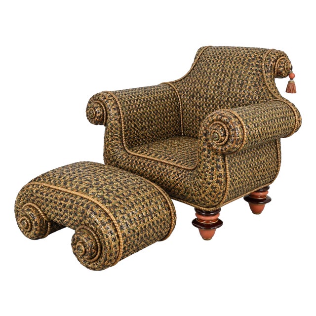 Vintage MacKenzie Childs Wicker Rattan Armchair and Ottoman Empire Collection For Sale