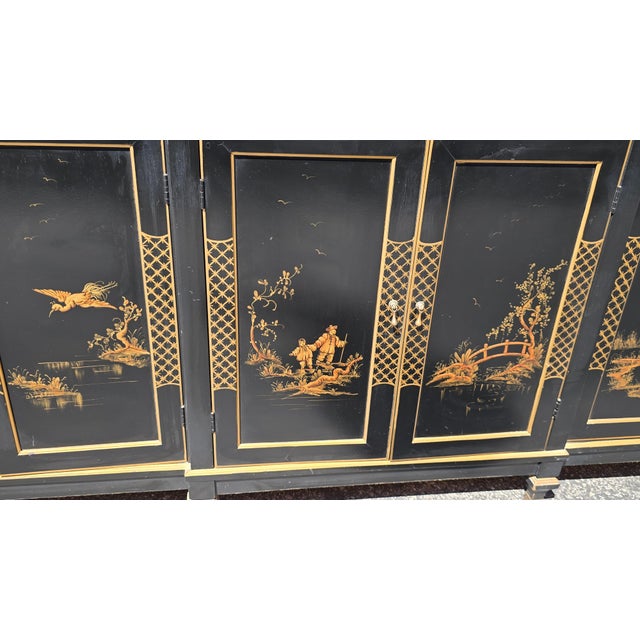 Wood Vintage Chinese Asian Black Lacquer Chinoiserie Sideboard Credenza Greene Hinkle For Sale - Image 7 of 18