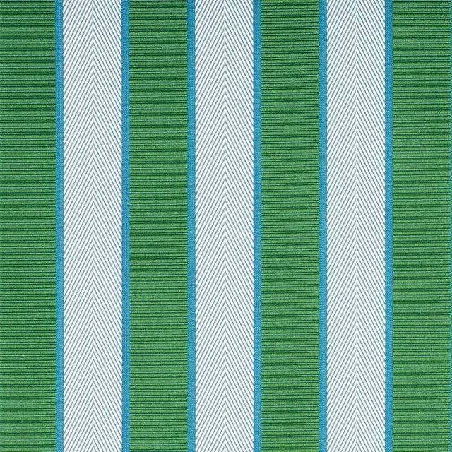 Schumacher X Timothy Corrigan Ribbon Stripe Fabric in Emerald For Sale