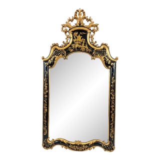 Large Hand Painted Chinoiserie Black Lacquer & Gold Gilt Mirror With Carved Rococo Crest For Sale