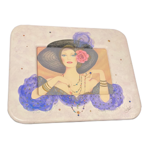 1990s 3D Mixed Media Embellished Print & Frame W Beads Sparkle Signed Mary Vickers