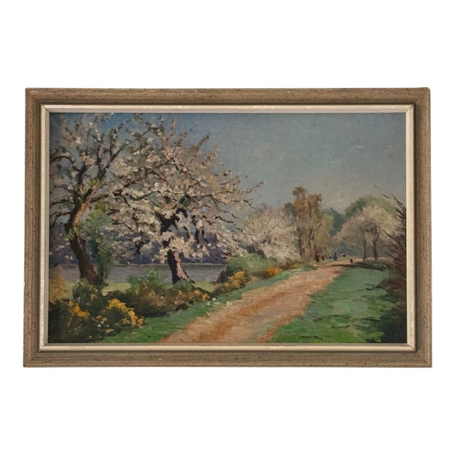 Vintage Oil on Board — Spring Blossoming Trees Along a River Path — Impressionist Landscape With Figures — European School — 20th Century — Framed For Sale