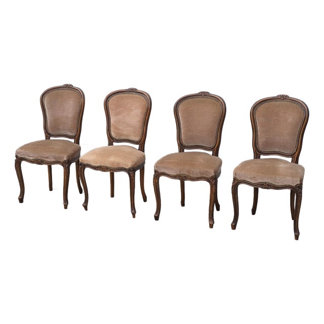 1980s Chateau d'Ax Louis XV Carved Walnut & Cocoa Velvet Dining Chairs, Assembled Set of 4 For Sale