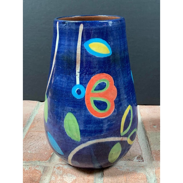Hand Painted Terra Cotta Blue Vase With Colorful Modern Flowers Chairish