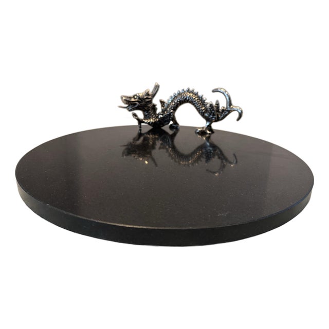 Serving Tray in Black Marble With Nickel Plated Dragon Decoration For Sale