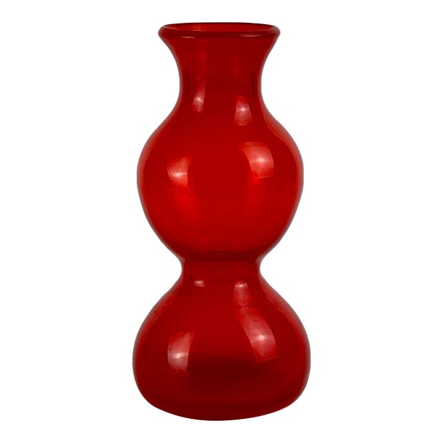 1970s Hand Blown Double Gourd Art Glass Vase in Fiery Orange-Red For Sale