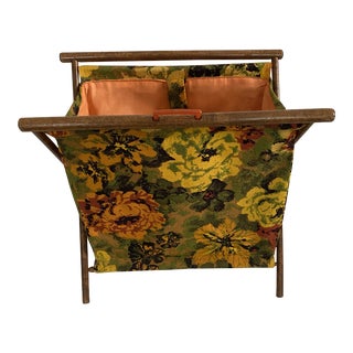 Vintage Folding Printed Fabric Sewing Basket Wooden Frame For Sale