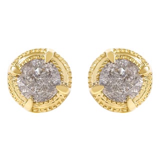 14K Yellow Gold Plated .925 Sterling Silver 1.0 Cttw Round Brilliant Cut Diamond Solitaire Milgrain Stud Earrings (K-L Color, I2-I3 Clarity) For Sale