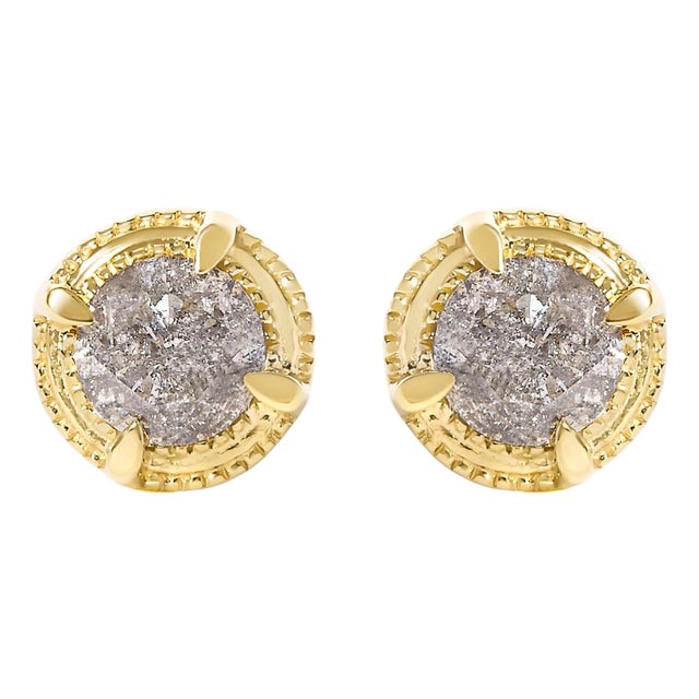 14K Yellow Gold Plated .925 Sterling Silver 1.0 Cttw Round Brilliant Cut Diamond Solitaire Milgrain Stud Earrings (K-L Color, I2-I3 Clarity) For Sale