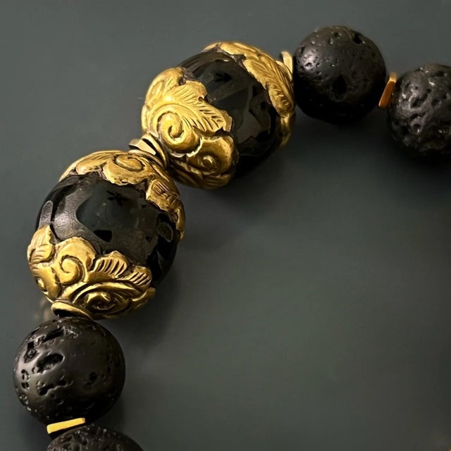 Metal Chunky Nepal Beads Black Lava Beaded Bracelet For Sale - Image 7 of 9