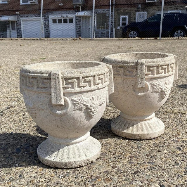 Vintage Greek Classical Style Concrete Urn Form Greek Key Grapevine Garden Flower Planter Pot - a Pair. Approx 50 lbs...