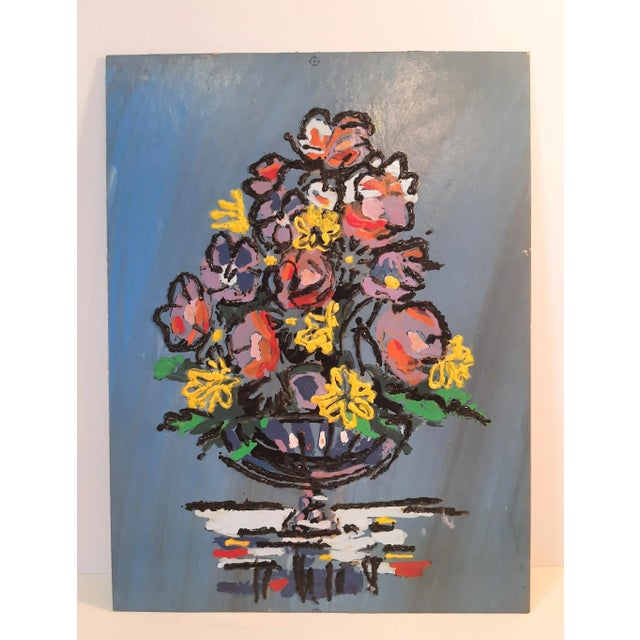 COLOR COLOR COLOR Abstract modern floral painting featuring vibrant primary colors. Flowers are arranged in an urn-shaped...