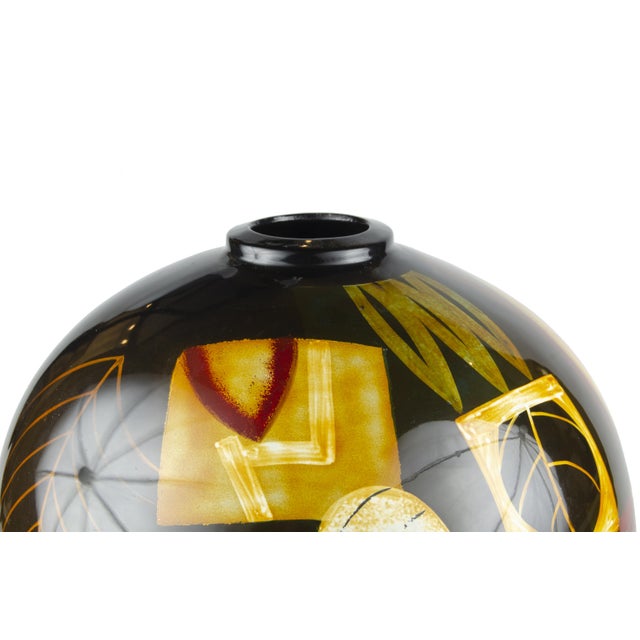Early 20th Century Early 20th Century Art Déco Enameled Ceramic Bulbous Decorative Vase With Vegetal and Geometric Motifs, France For Sale - Image 5 of 9