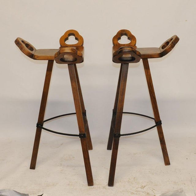 Brutalist Marbella Style Beech Bar Stools attributed to Viriato Gomez for Toledo, 1970s, Set of 4 For Sale - Image 16 of 18