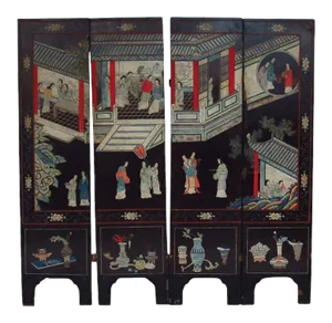19th Century Chinese Black Lacquer Four Panel Screen