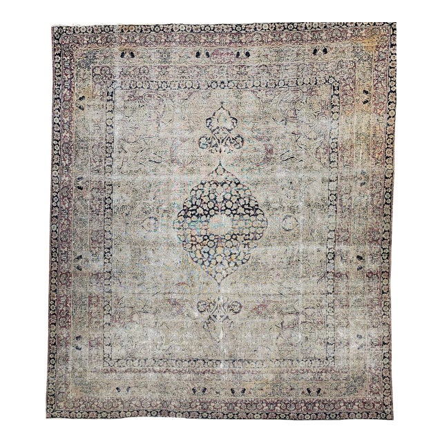 19th Century Persian Kerman Lavar Rug, Hand-Knotted Wool, Floral Pattern, Ivory & Black, 9x10 For Sale