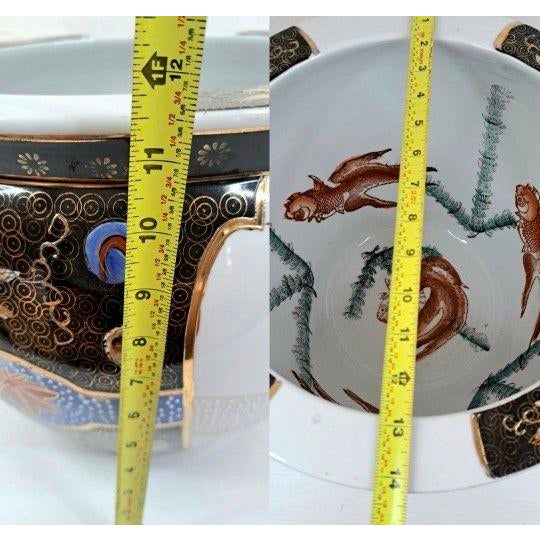 Ceramic Vintage Large Chinese Porcelain Chinoiserie Koi Floral Jardiniere Planter 14.25" Dia For Sale - Image 7 of 8