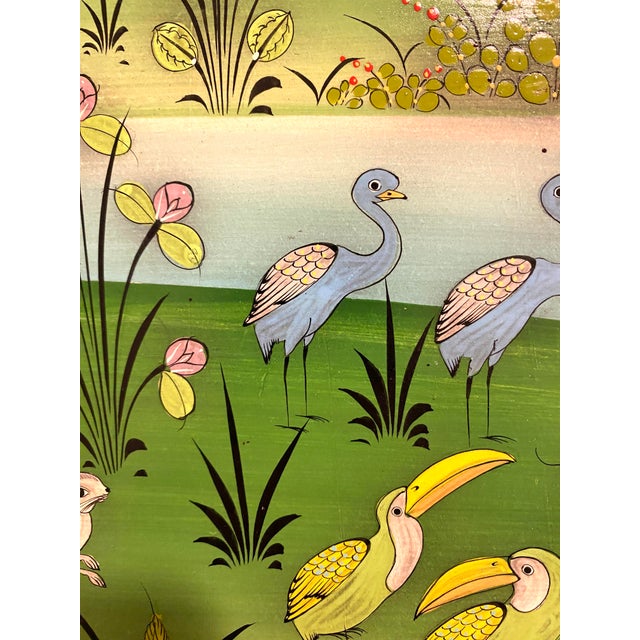 Mid 20th Century Arturo Alcala Mexican Folk Art Painting – Landscape With Birds, Deer, Elephants, Toucans, & Wildlife For Sale - Image 10 of 15