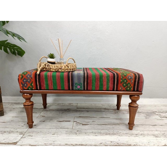 Details SIZE: 18X18X36 Inches ( with legs ) - 45x45x90 cm TYPE: Handmade Ottoman Bench CONDITION: is good. CONSTRUCT: It...