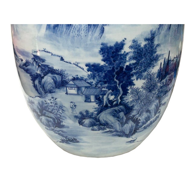 Chinese Chinese Blue White Handpaint Mountain Tree Scenery Porcelain Vase For Sale - Image 3 of 14