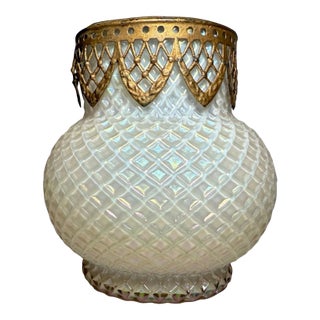 Antique Hand Blown Bohemian Loetz Bronze Mounted White Glass Potpourri Jar Vase For Sale