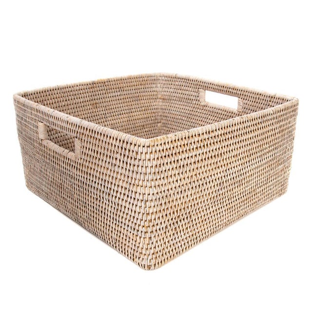 Wood Artifacts Rattan Square Storage Basket with Rounded Corners in White Wash - 16" For Sale - Image 7 of 7