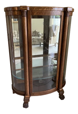 Antique Tiger Oak Curved Glass Mirrored Back Curio Cabinet on Claw Feet