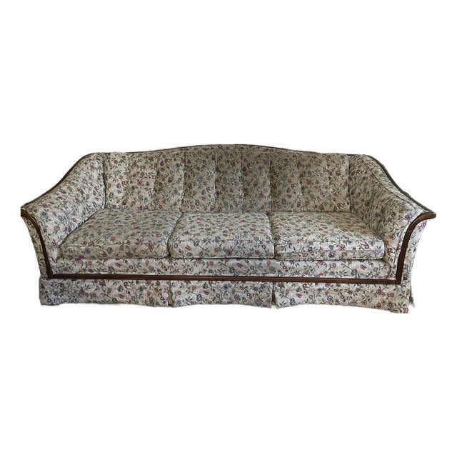 Vintage Traditional Floral Sofa With Exposed Wood Frame – Reupholstered For Sale