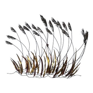 Vintage Mid-Century Modern Brass & Copper Cattail Wall Sculpture in the Style of Curtis Jeré For Sale