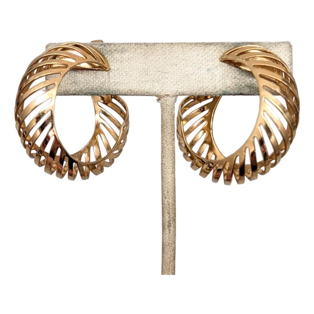 Vintage 1968 Signed Napier Goldtone Slatted Hoop Clip Earrings, Vogue Ad Piece-2 Pieces For Sale