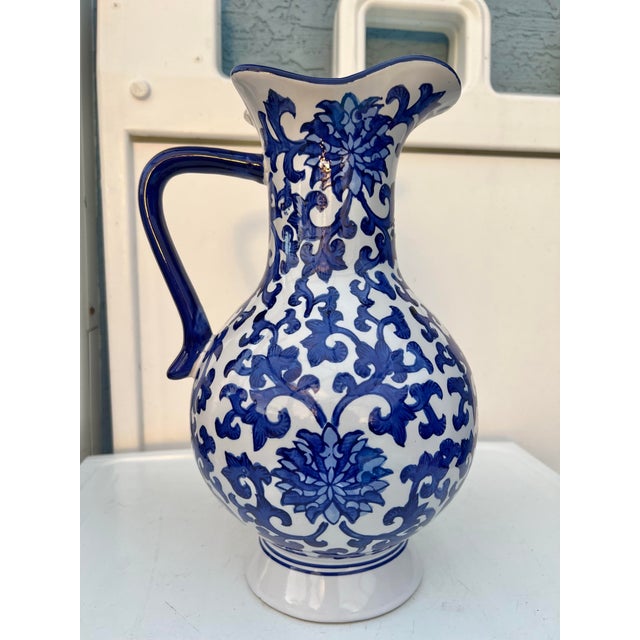 Vintage Blue and White Ceramic Pitcher For Sale In West Palm - Image 6 of 6