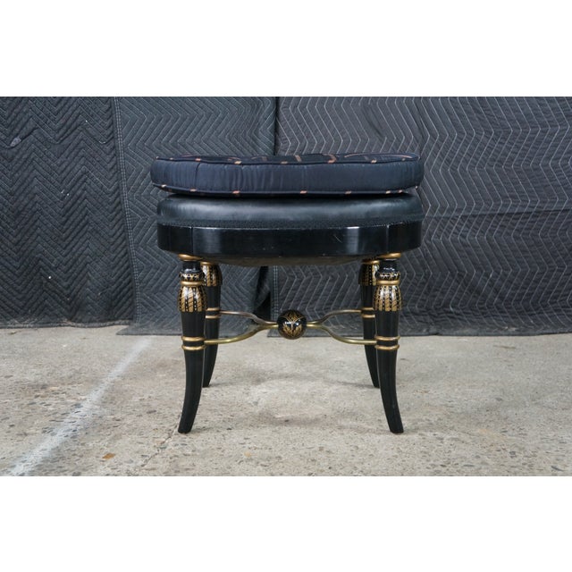 Mid Century Regency Style Ebonized Gold Painted Upholstered Stool Pouf Bench For Sale - Image 12 of 18