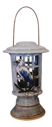 Late 20th Century Ceramic Heron Design Candle Lantern Signed