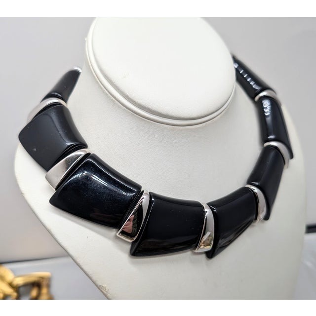 Napier Vintage 1988 Signed Napier Rhodium Plated Black Wedge Collar Necklace For Sale - Image 4 of 7